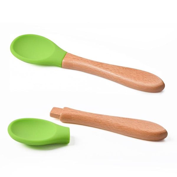

baby feeding spoon wooden handle silicone spoon baby food spoons anti-scald and fall resistance training spoons ing