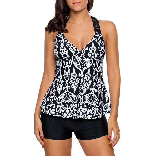 

ins dilamon amazon summer conservative bikini stitching printing v-neck vest swimsuit 410321sale, Black;white