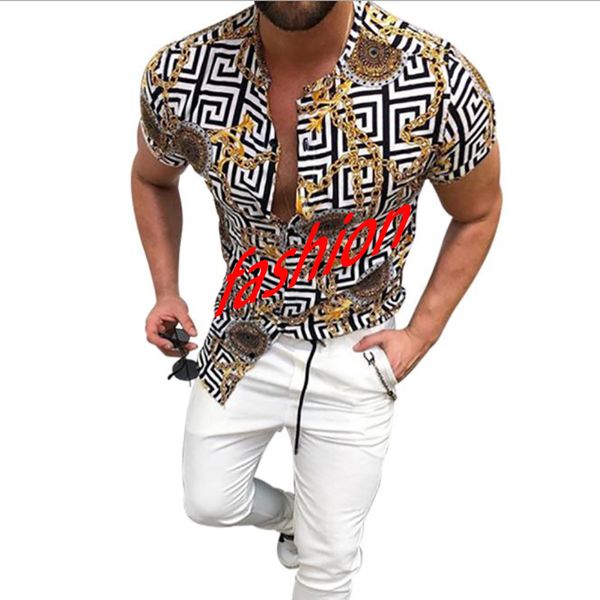 

mens vintage chain beach hawaiian shirt summer short sleeve single breasted men clothing casual loose button down shirts, White;black