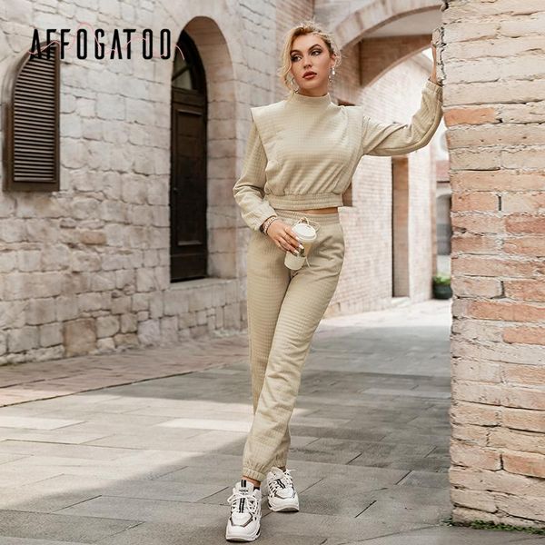 

women's two piece pants affogatoo casual cotton lace up think sets women office lady soft elastic outwear autumn winter fashion solid f, White
