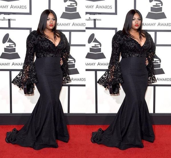 

2021 grammy awards plus size celebrity dresses long sleeves sequins prom gowns black lace mermaid evening dress plus size vestidos de festa, Black;red