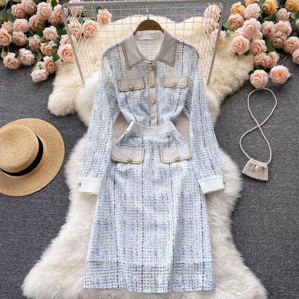 

casual dresses fashion designer blue plaid patchwork lace embroidery dress autumn women long sleeve pearl button vintage midi, Black;gray