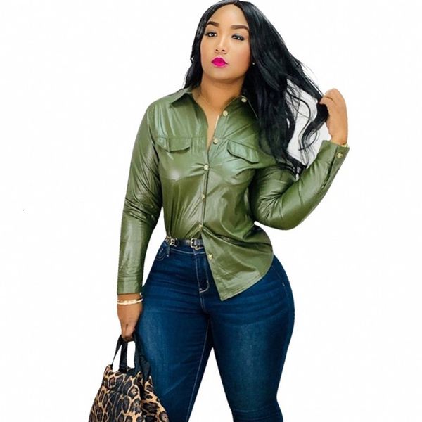 

solid green color leather plutonium unique breasted sleeve complete upper autumn shirt elegant office fashionable mrs. blouse jawv, Tan;black