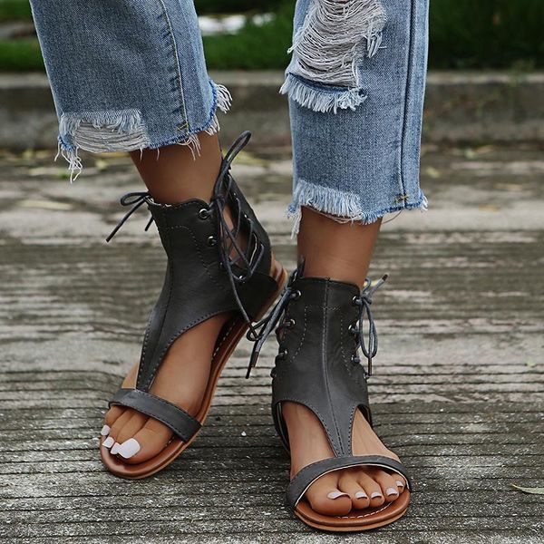 

sandals women's roman style summer flat lace-up beach fashion open toe flip flops casual women shoes plus size 43 2021, Black