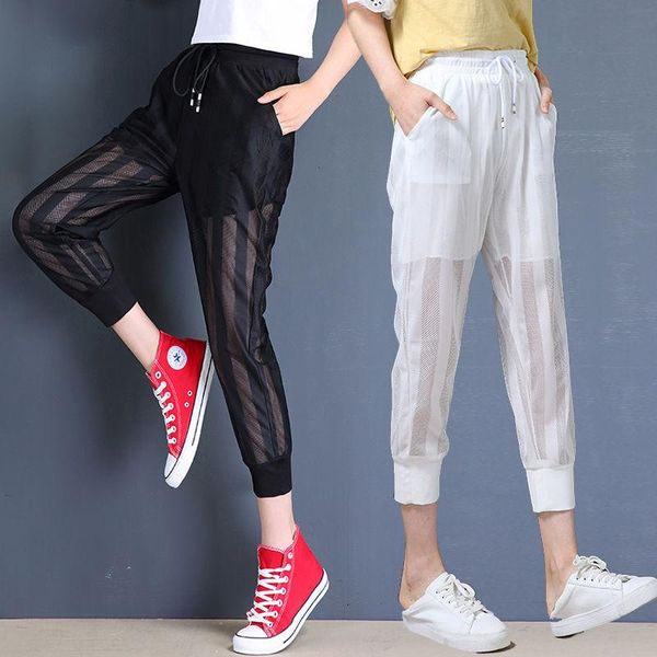 

women's pants & capris 2021 woman's trousers cool and breathable mesh seven minutes summer thin loose sunscreen students harem, Black;white