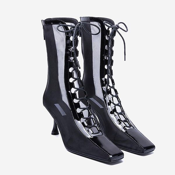 

boots 2021 spring mesh square toe women lace up hollowe high heels ankle fashion summer ladies shoes sapato feminine, Black