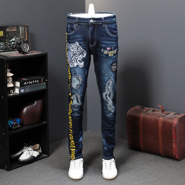 

holes patch autumn male elastic tiger head leisure time brand designer jeans long pants embroidery printing 7p0r, Blue