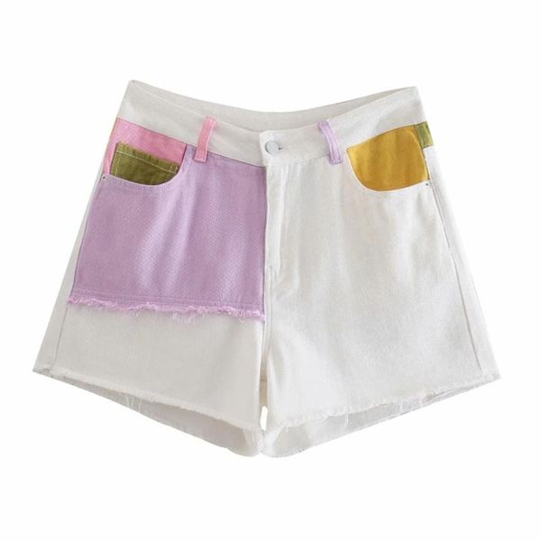 

women's shorts women patch pocket contrast color splicing casual female loose clothes p2191, White;black