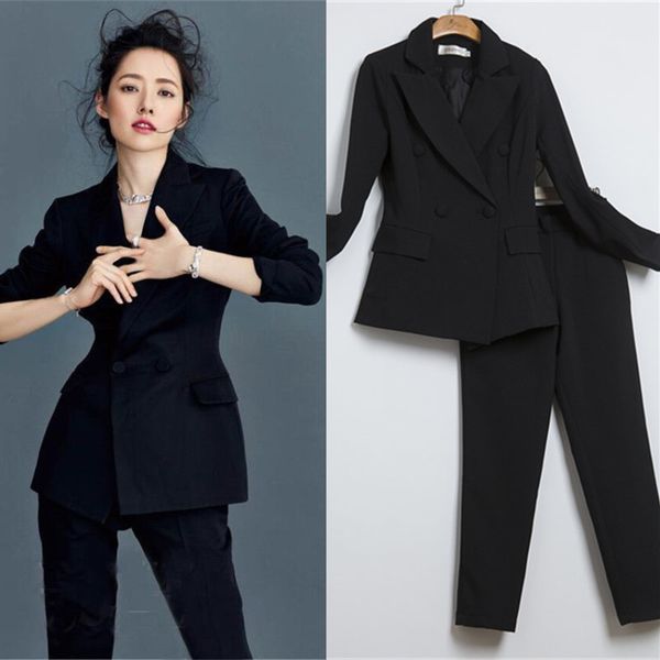 

female spring new british wind double-breasted skinny fashion small suit set of two pieces g66g, White;black