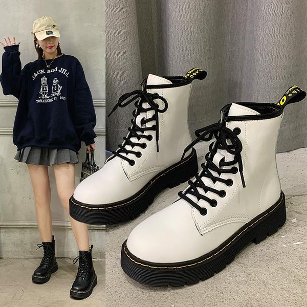 

boots vrouwen echt lederen herfst enkellaarsjes korte laarzen ronde neus casual punk motorlaarzen schoenen voor, Black