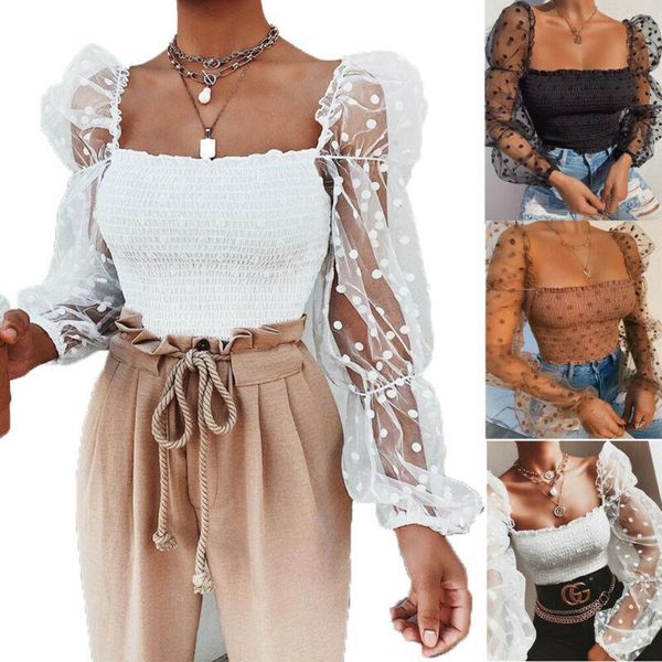 

women lace blouse elastic short shirt transparent lace puff sleeve square polyester net by drop shipping, White