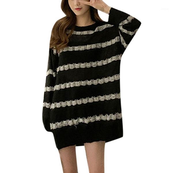 

women's sweaters autumn thin sweater women knitwear long sleeve striped print knitted pullovers casual loose o-neck female, White;black