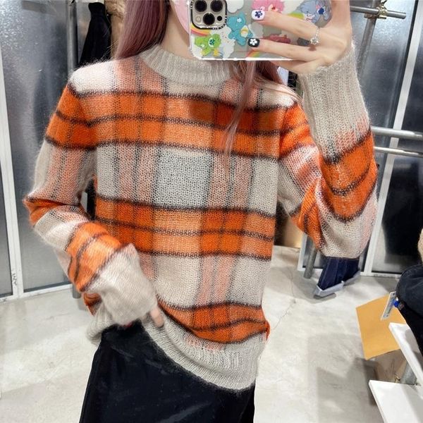 

women's sweaters women plaid knit pull sweater color patchwork long sleeve loose casual female o-neck jumpers early autumn 2021, White;black