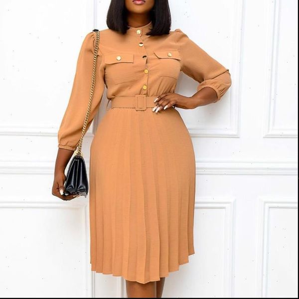 

women long sleeve pleated dresses with pockets waist belt a line button up female fashion autumn vestidos black khaki plus size, Black;gray
