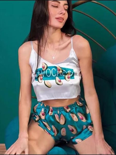 

cartoon print lovely home women sleepwear suit summer v neck pyjamas spaghetti strap loose pijama satin femme, Black;red