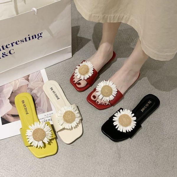 

slippers flower 2021 summer women flat female outdoor square head little daisy beach shoes flip-flops, Black