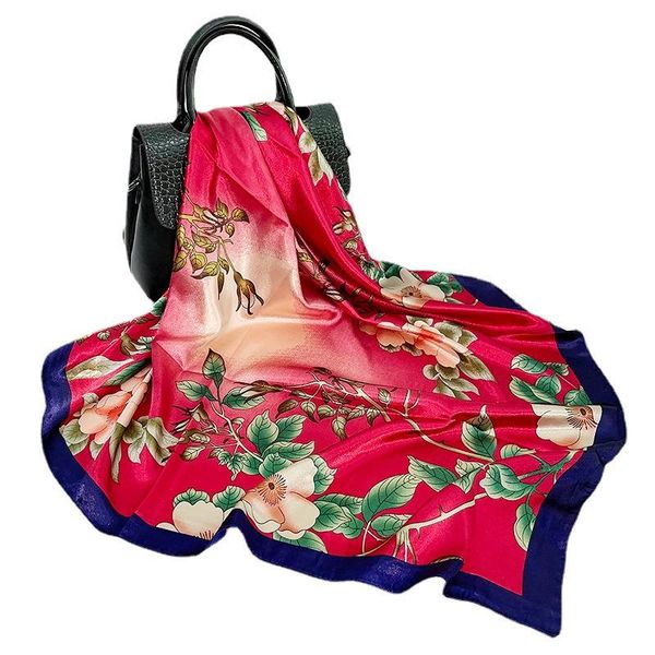

scarves women vintage square scarf bandana flower print shawl hijab head neck kerchief imitate silk satin stole 35"*35", Blue;gray