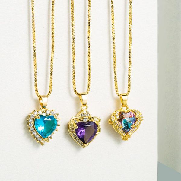 

pendant necklaces creative inlaid multicolor heart-shaped crystal retro simple clavicle chain ladies party girls fashion jewelry, Silver