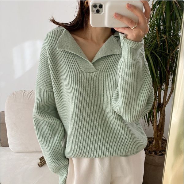 

women's sweaters winter knitted full sleeve solid pullover for women casual loose turn-down collar warm jumpers korea style 132a, White;black