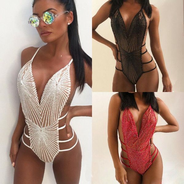 

women's jumpsuits & rompers women swimming costume one-piece swimsuit monokini swimwear sequins bikini push up bandage bathing bodysuit, Black;white