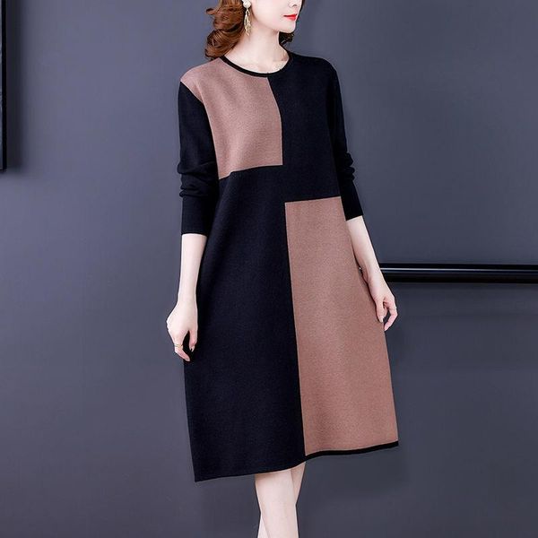 

casual dresses 2021 women loose bottoming sweater dress autumn round neck splicing pullover knitted knee length female vestidos, Black;gray
