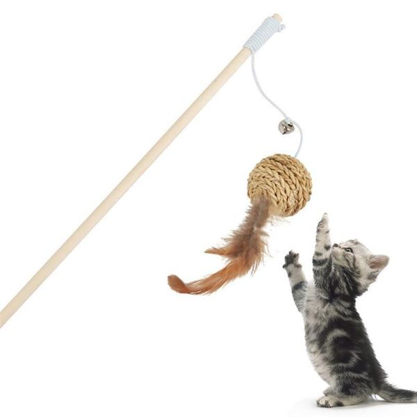 

cat toys 1pcs teaser toy wooden rod fake feather with small bell decor stick interactive for pet supplies random style