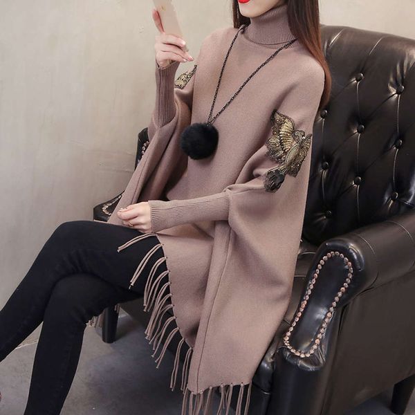 

2020 new high collar tassel sweater women's mid long korean loose large cape jacket knitted batman shirt, White;black
