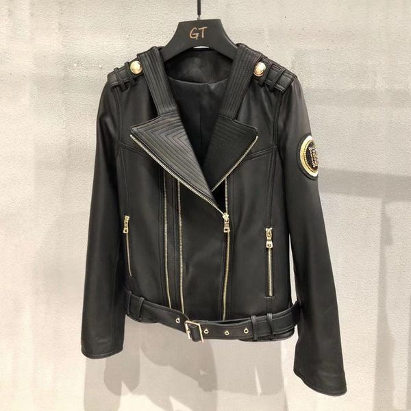 

women's leather & faux spring quality high and autumn 2021 fashion short clothes women coat turn-down collar genuine jacket fn6770, Black