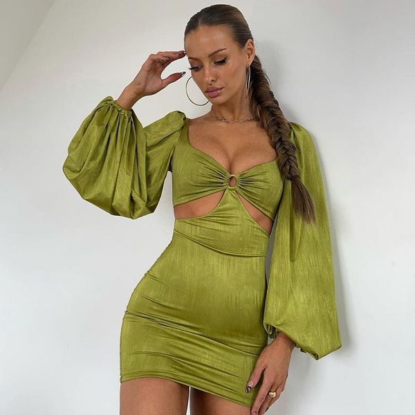 

casual dresses hirigin puff sleeve bodycon mini dress party evening autumn hollow out wrap short women solid fashion streetwear, Black;gray