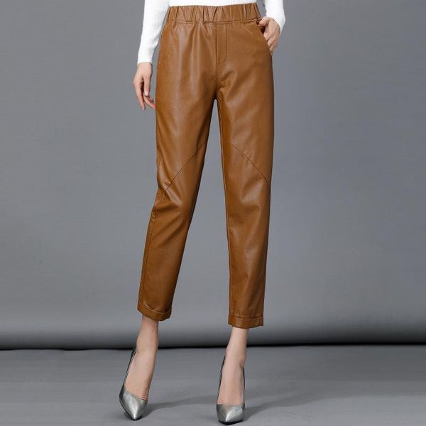

women's pants & capris [ewq] 2021 pu leather high street style ruched asymmetrical genuine fashion casual greentrousers 16n-a134, Black;white