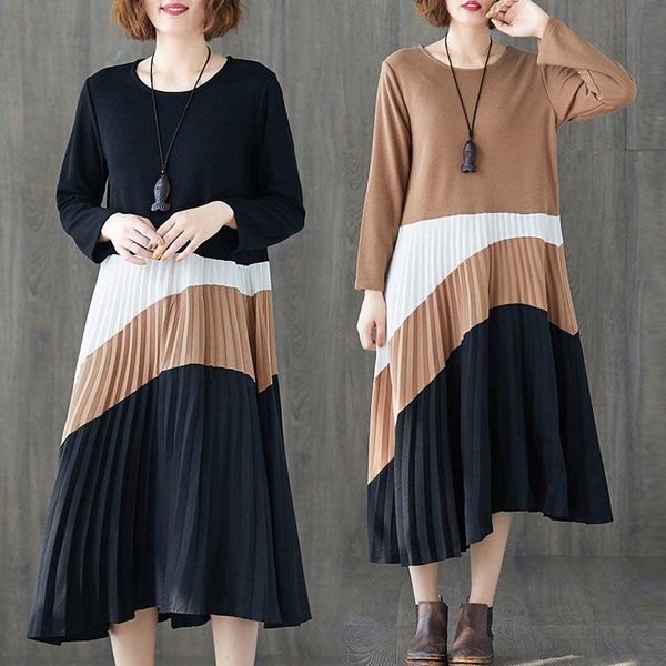

casual dresses spring dress women harajuk hit color pleated runway plus size baggy ladies long sleeve vestidos knitted f2895, Black;gray