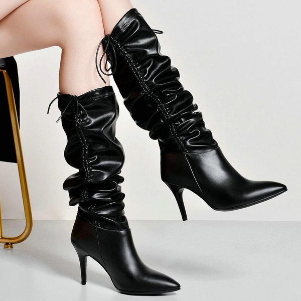 

boots 2021 fashion knee high women genuine leather folds thin heel ladies pointed toe winter black white gold