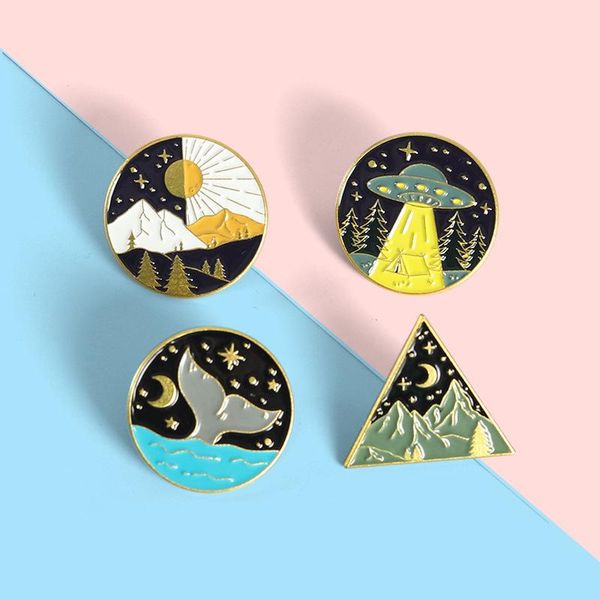 

pins, brooches starry sky mountain spaceship round brooch bag clothes backpack lapel enamel pin badges jewelry gift for friend accessories, Gray