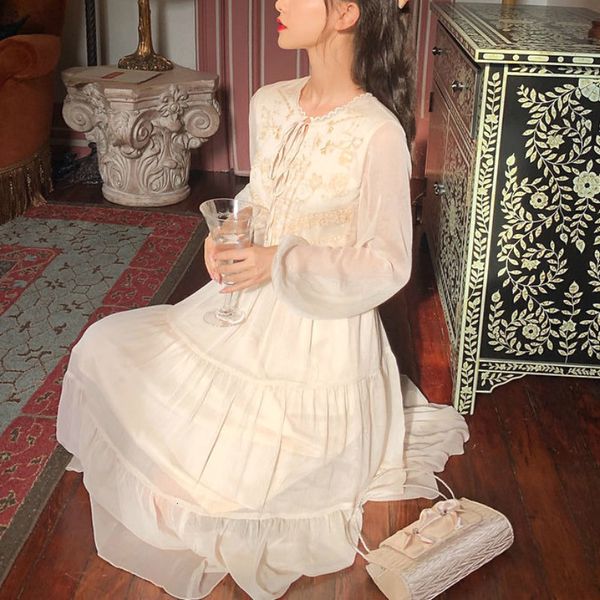

2021 new elegant fairy women lace chiffon party embroidery floral draped lace-up long sleeve vintage chic korean 1e6y py8z, Black;gray