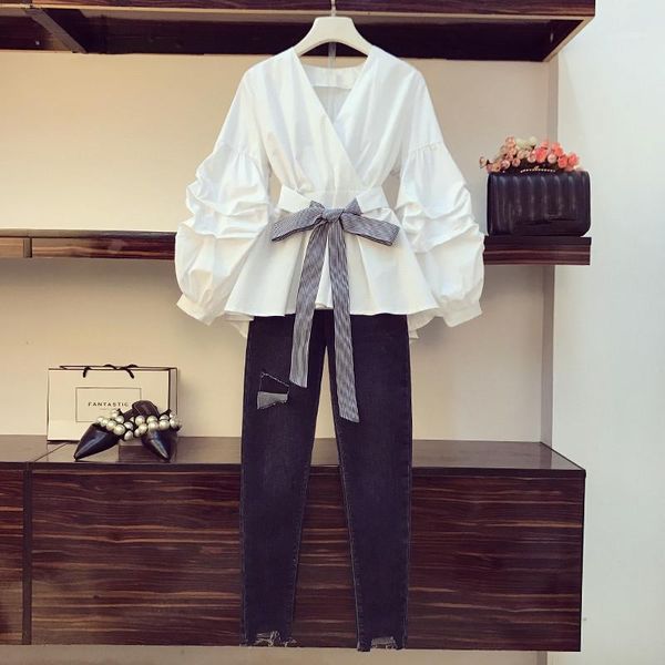

two piece dress plus size 2021 spring summer pants set women lantern sleeve v neck white belt shirt + jeans pencil hole trouser suit