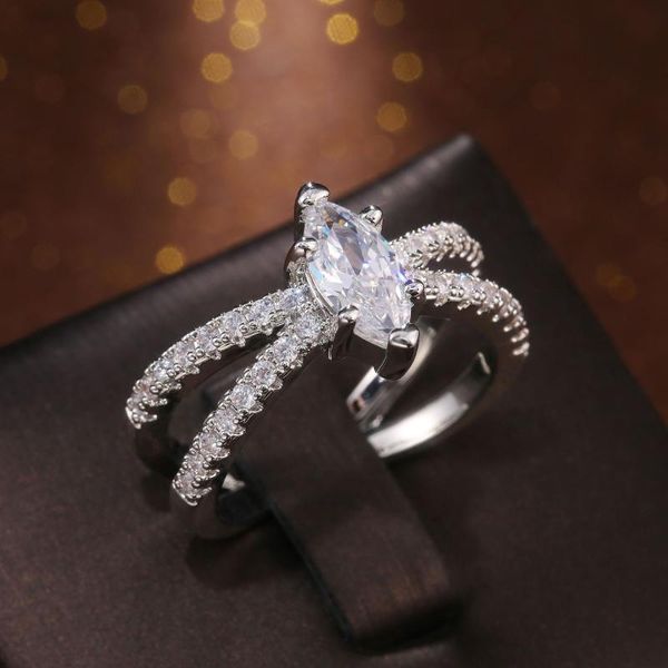 

wedding rings dainty female white leaf crystal ring charm silver color cross for women trendy bride zircon stone engagement, Slivery;golden