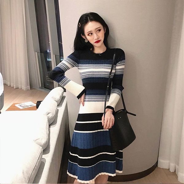 

casual dresses 2021 women autumn winter vintage knitted dress lady o-neck long sleeve sweater vistido female loose stripted g125, Black;gray