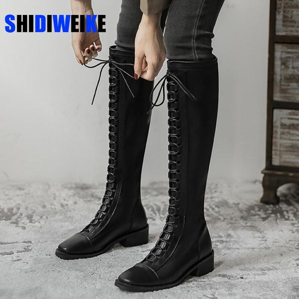 

boots 2021 autumn winter leather women's heel knee-high lace up anti-slip warm ad277, Black