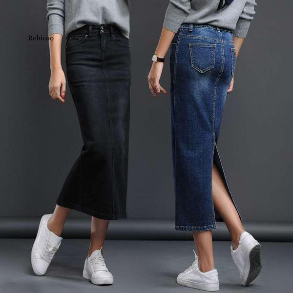 

skirts classic denim skirt woman long jeans split high waist womens 2021 women washed jupe femme black blue