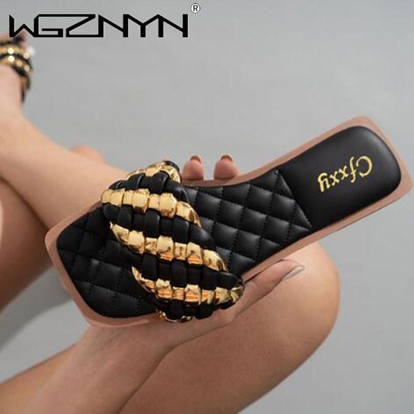

slippers fashion weave women square toe flat casual shoes slide 2021 summer flip flops beach sandal slipper big size42, Black