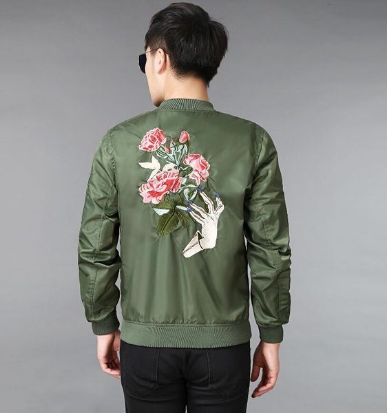 

fall- new mens fashion flight bomber jackets male back embroidery florales outerwear sports coats army green navy blue black, Black;brown