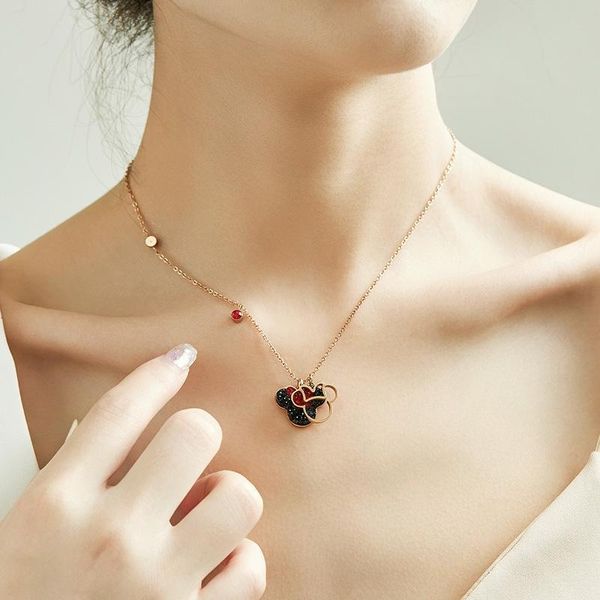 

pendant necklaces cute mouse necklace bow wholesale crystals cartoon charm titanium steel anime jewelry for women 2021 clavicle chain, Silver