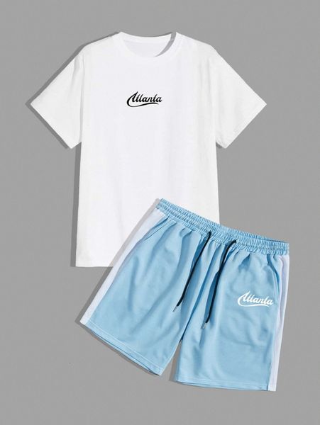 

romwe guys letter tee & colorblock drawstring shorts e4cs#, Gray