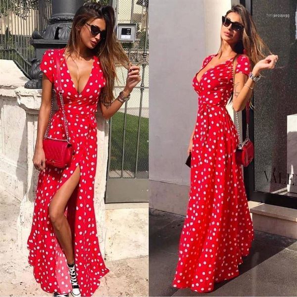 

deep v neck short sleeve polka dot maxi dress women 2021 summer chiffon boho beach plus size long dresses woman femme robe1, Black;gray