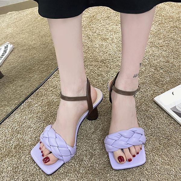 

sandals lucyever summer fashion high heels woven women square toe ankle strap round pumps woman purple chunky heel, Black