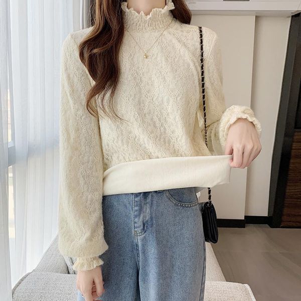 

women's sweaters half high collar lace bottomed blouse autumn and winter plush thickened inner 2021 fashion foreign style, White;black