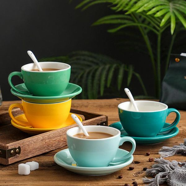 

mugs european style 300ml solid color coffee cup and saucer gift ceramic cappuccino latte set multi-color optional