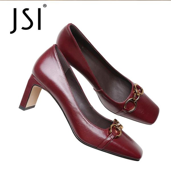 

dress shoes jsi pumps woman genuien leather square toe chain mantal shallow high heel office lady jo907, Black