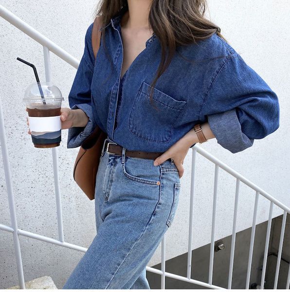 

2021 new women fashion denim shirts spring autumn casual long sleeve solid blue female hszz, White
