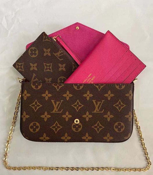 

designer handbags shoulder bag totes 3pcs set pochette accessories brown flower messenger chain strap cross body ladies flap purse clutch wi